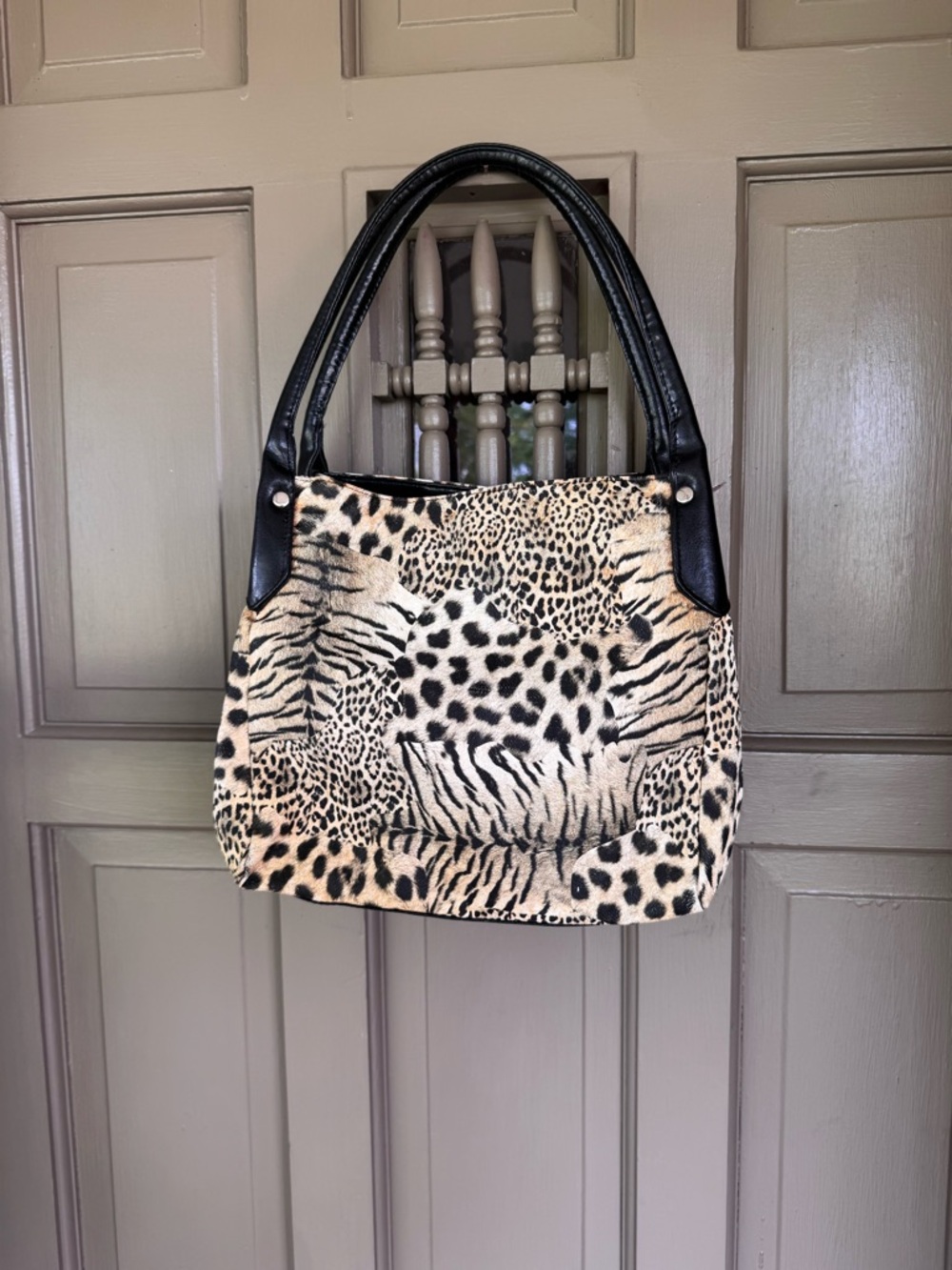 Source Unknown Leopard Patchwork Shoulder Bag with Black Handles